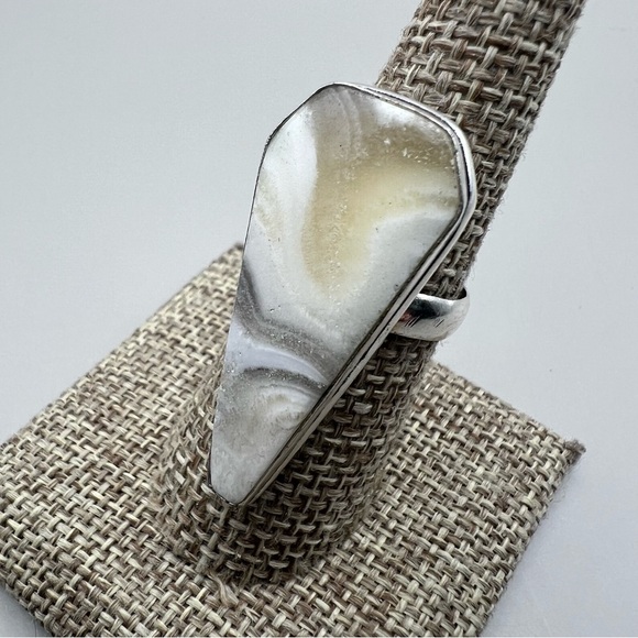 New Zebra Calcite Agate Stone Coffin Shaped Silver Overlay Ring Size 8 - Picture 5 of 8